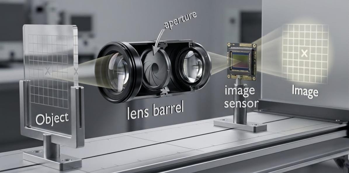 Camera components: Object, front lens, aperture, rear lens, image sensor, and the resulting image