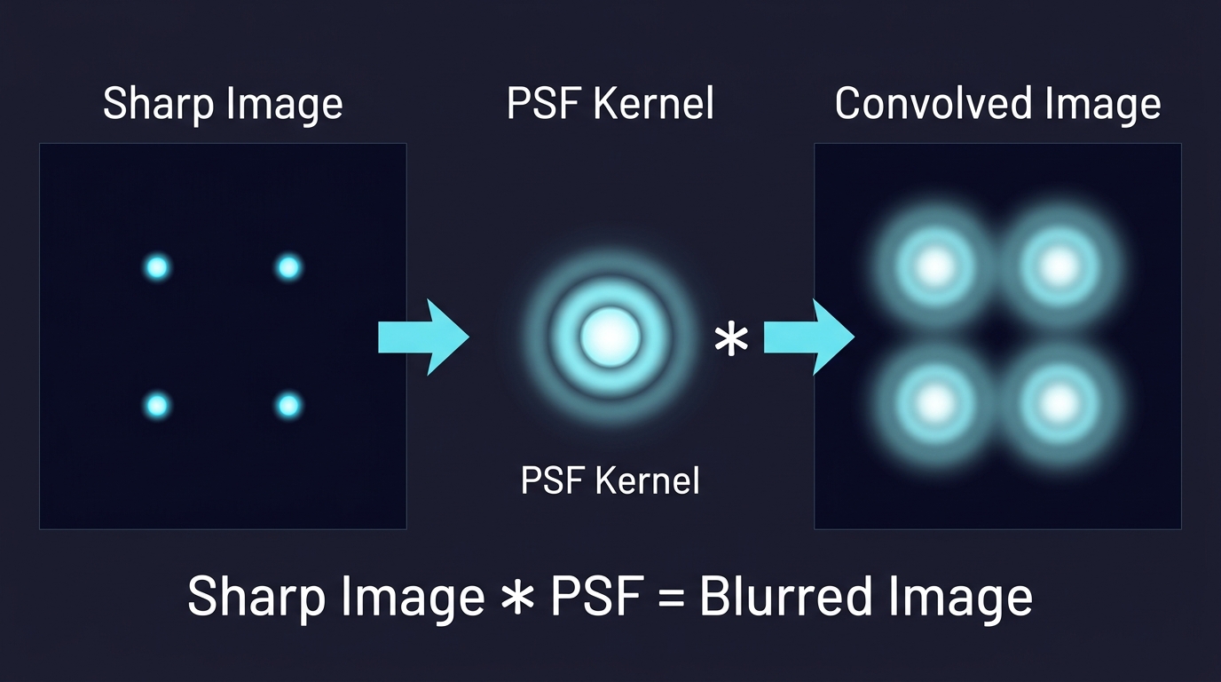 Convolution of a sharp image with the PSF producing a blurred image