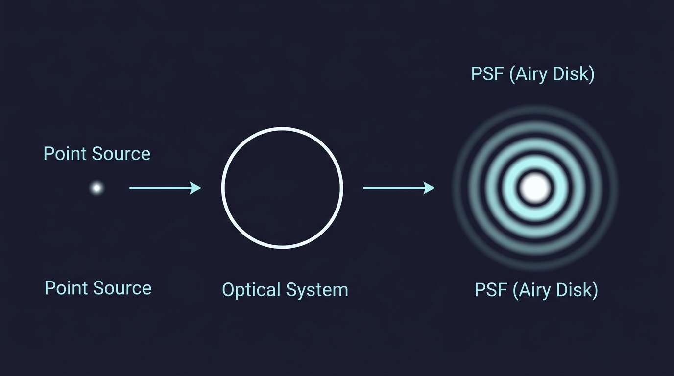 Point source passing through an optical system to produce a PSF