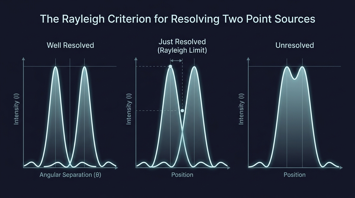 Rayleigh criterion showing well resolved, just resolved, and unresolved cases
