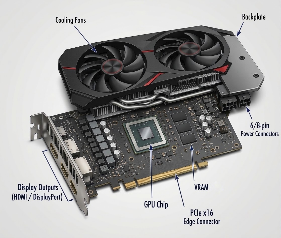 GPU schematic diagram showing the GPU chip, VRAM, and power connectors